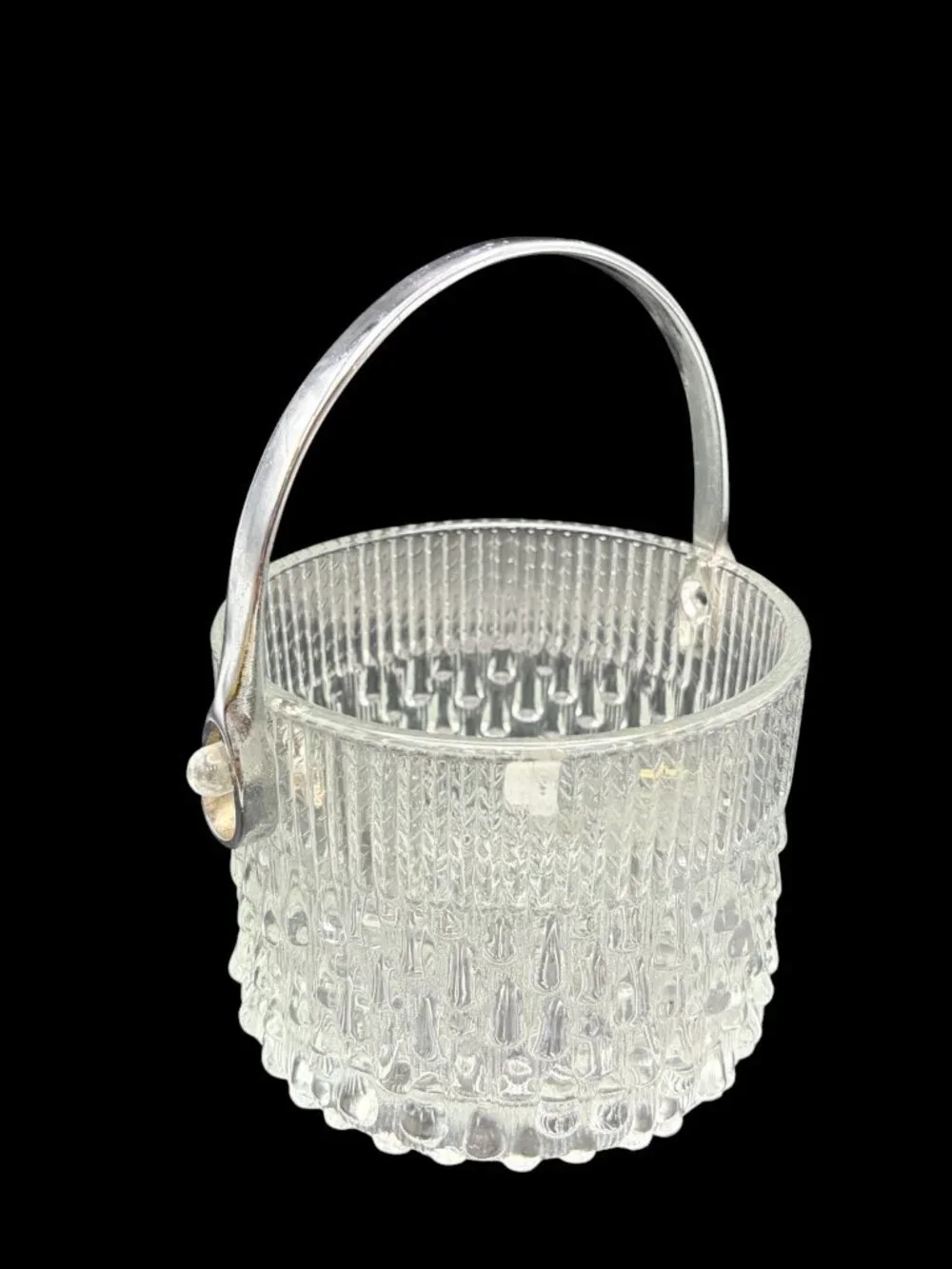 Vtg Teleflora French Glass Ice Bucket Biscuit Jar w/ Chrome Handle Textured MCM